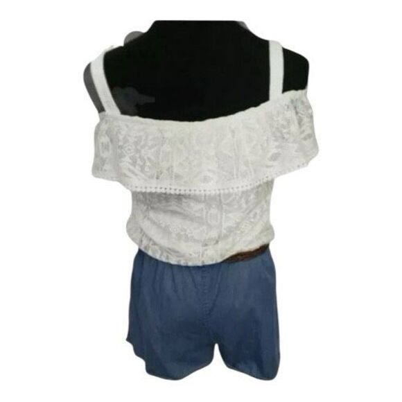 My Michelle Romper Beige Lace Top Belted Denim Shorts Girl Size XL Cold-Shoulder - Picture 6 of 7